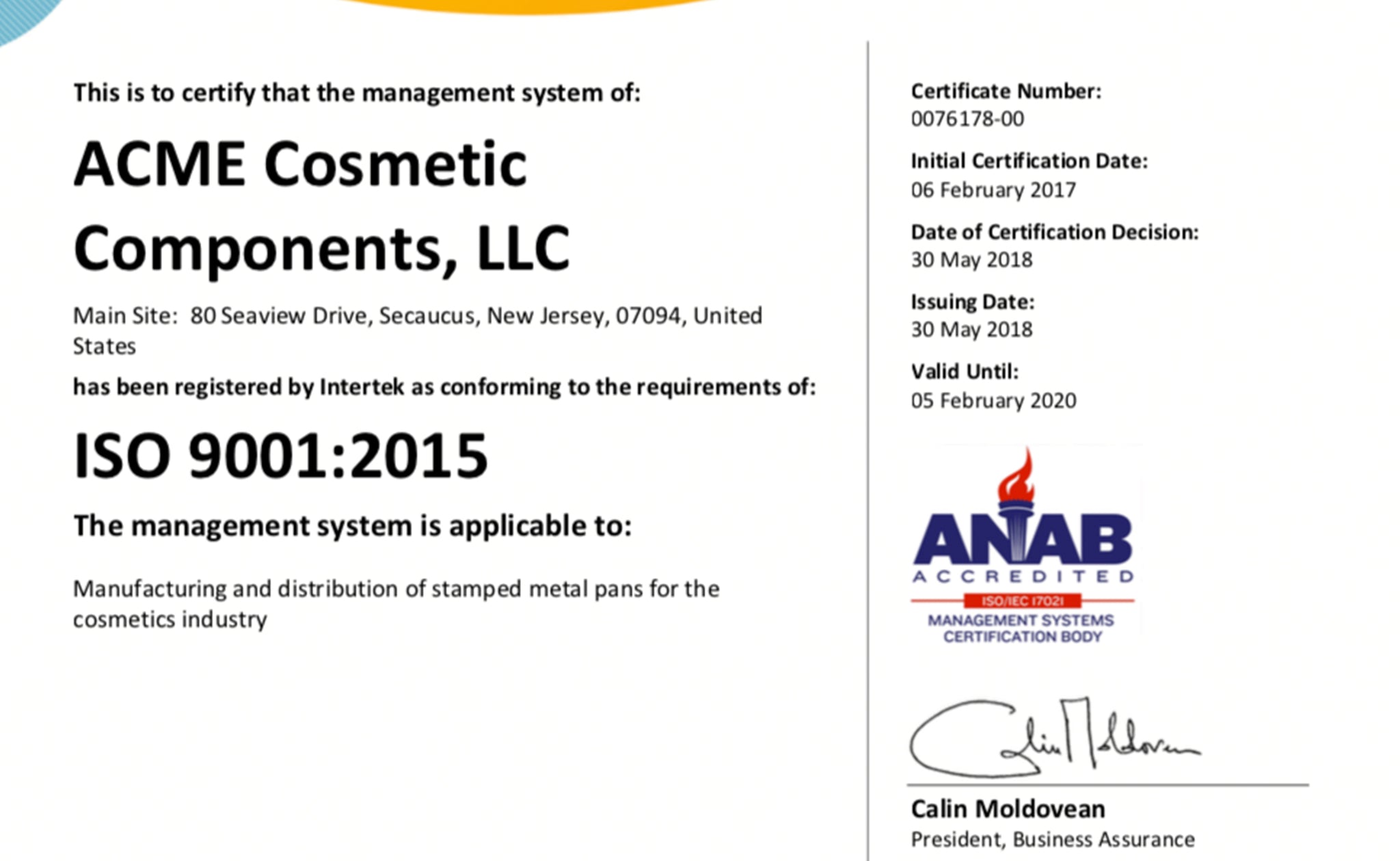 ACME Cosmetic Components riceve la certificazione ISO 9001